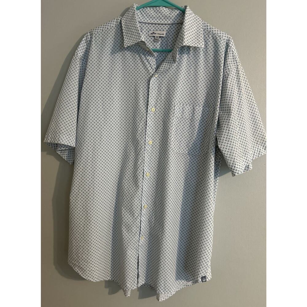 Peter Millar Men’s White Blue Dots Short Sleeve Button Down Casual Shirt Sz XL